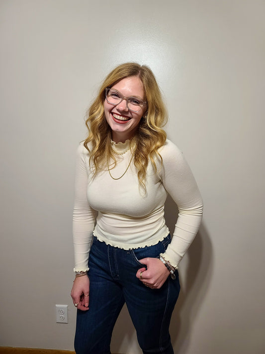 Lettuce Trim Mock Neck Long Sleeve (Cream)