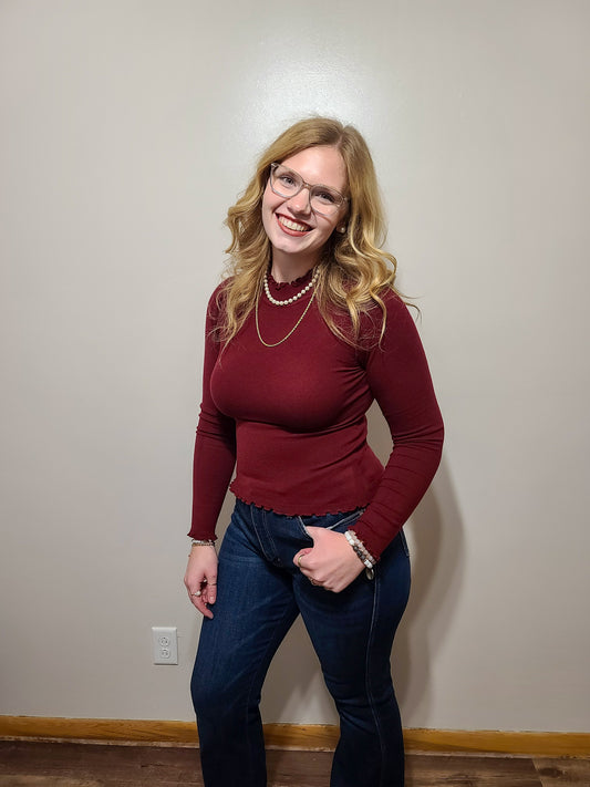 Lettuce Trim Mock Neck Long Sleeve (Red)