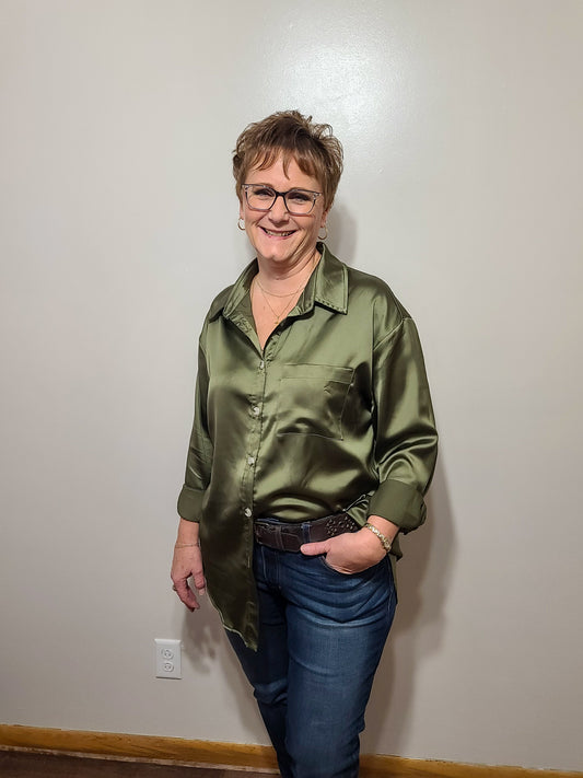 Olive Satin Button Down