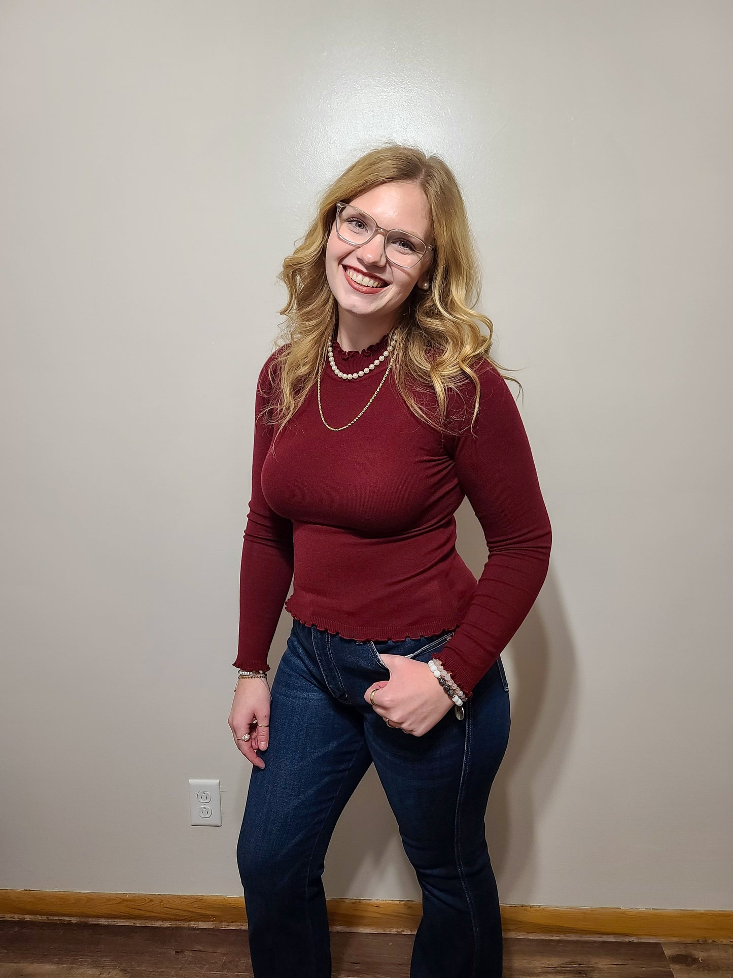 Lettuce Trim Mock Neck Long Sleeve (Red)